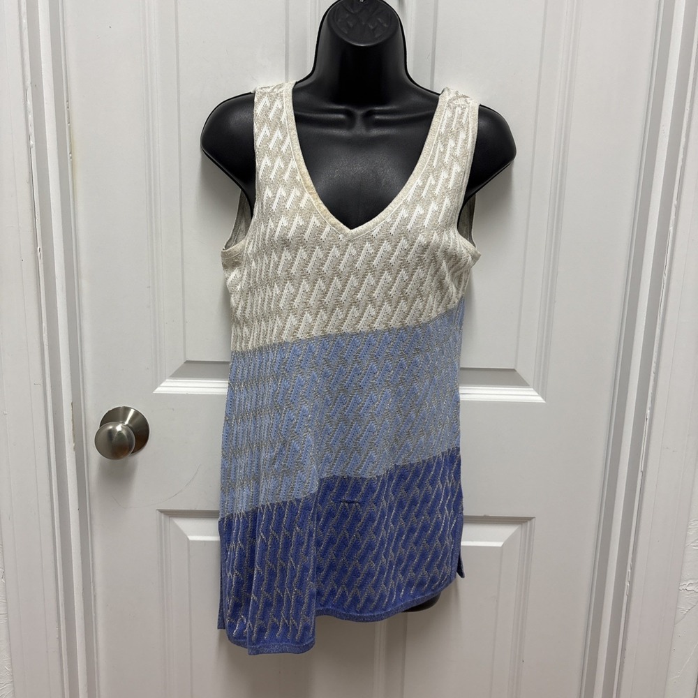 White House Black Market Women's Blue Metallic Shimmer Knit Top Tunic Tank Small